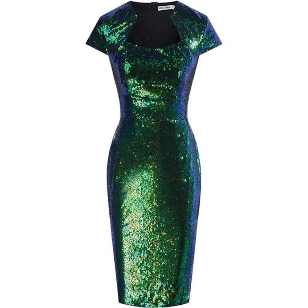 Women's 50s Vintage Pencil Dress Cap Sleeve Wiggle Dress, Sequin-green